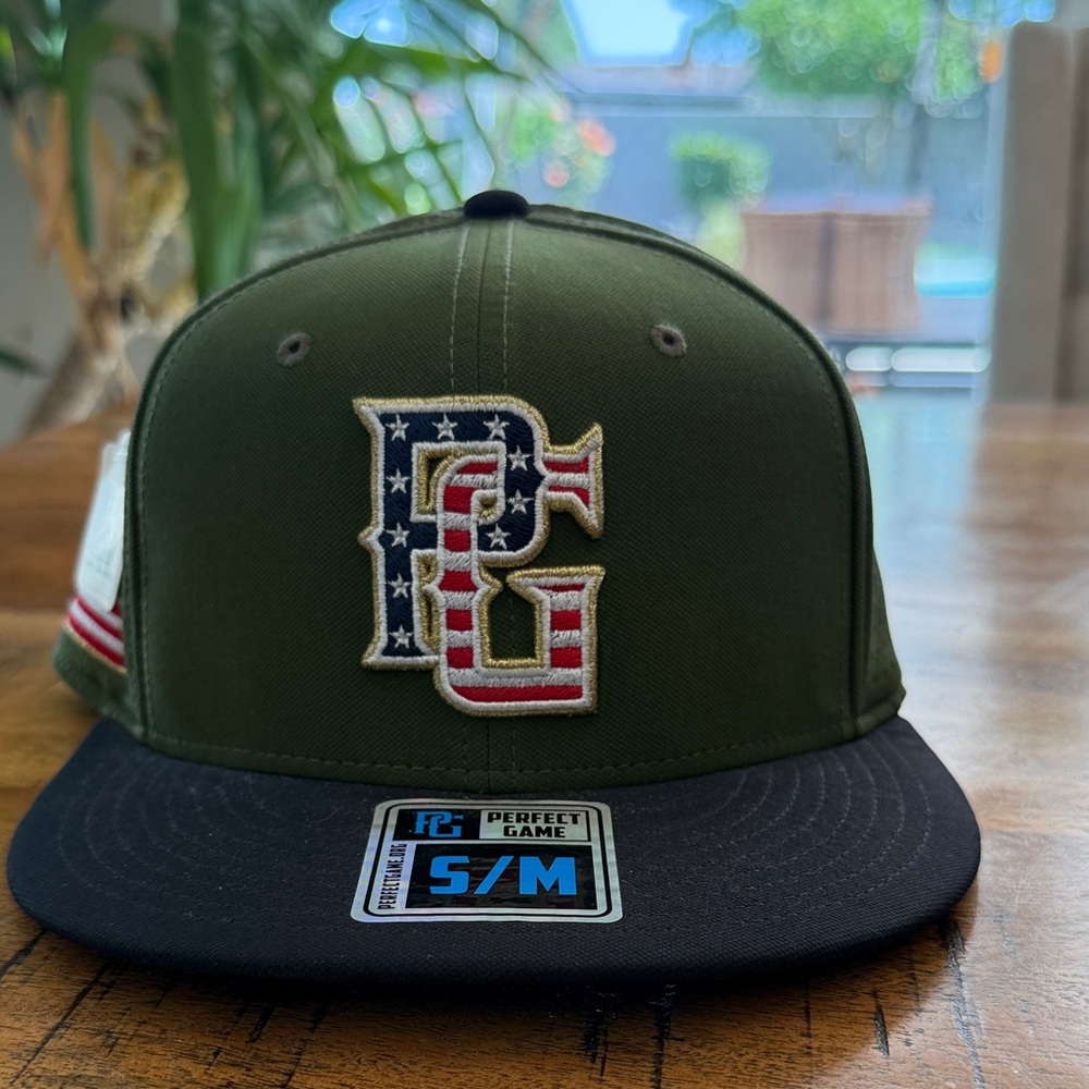 Perfect Game 
Olive & Navy USA Flag Patch Snapback Hat - S/M